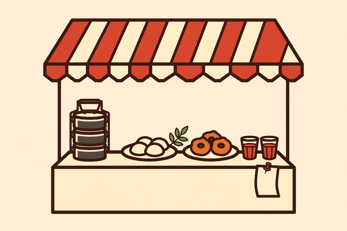 Illustration of a food stall counter with tiffins, plates and chai ready for pickup