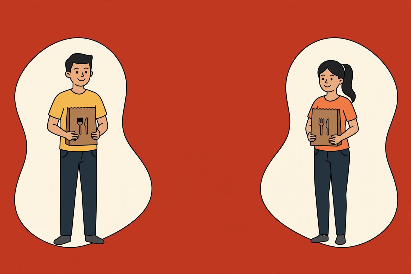 Illustration of a young man and a young woman each holding a takeaway parcel bag